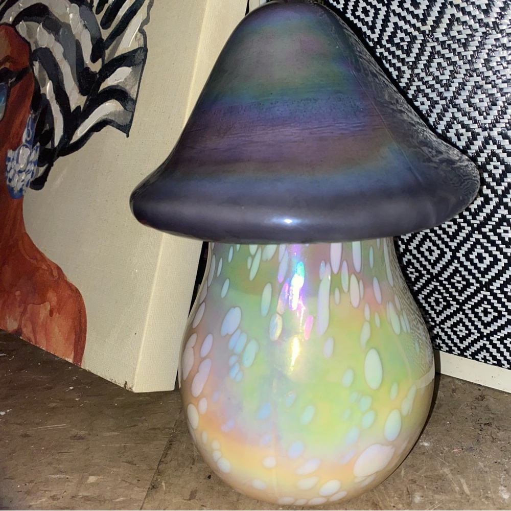 Anthropologie Iridescent Glass Mushroom in Purple and Cream